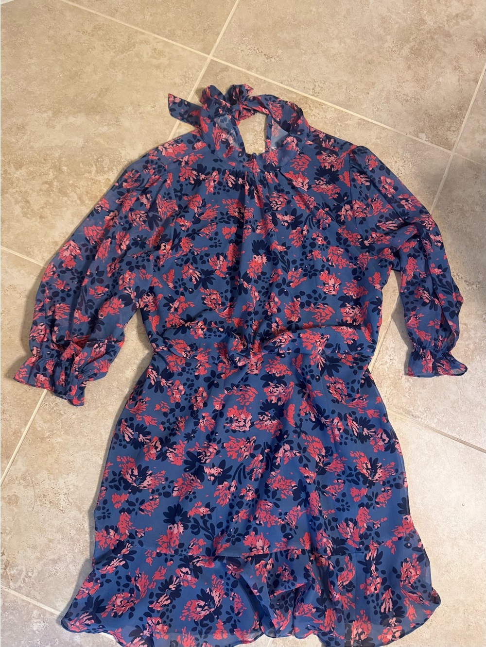 THML Blue Floral Chiffon Dress with Pink Print gathered waist  XL
